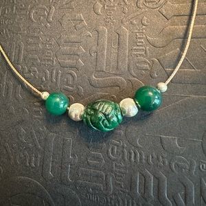 ARTISAN Carved Green Jade & Agate Silver Bead Adjustable Tan Cord Necklace